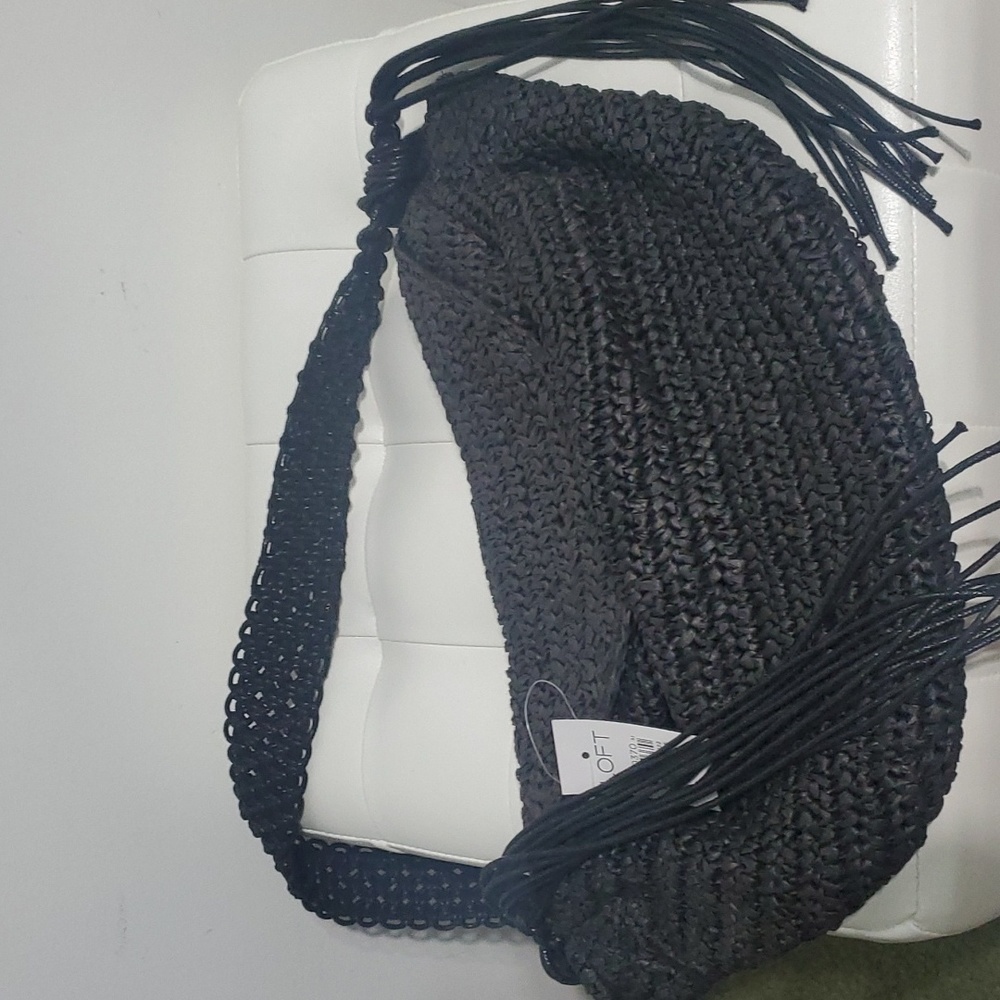 Loft Black Paper Straw Handbag with tassels